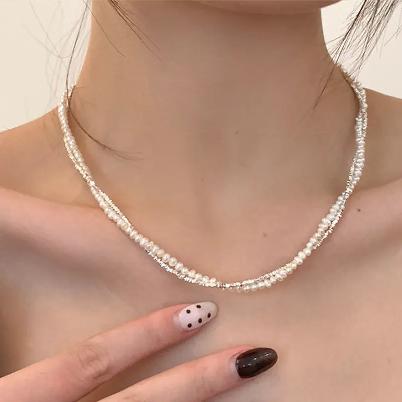 Women's Dainty Double-Layer Sterling Silver-Plated Pearl-Entwined Fashion Necklace, Layered Mixed Necklaces for Daily Wear & Gifting