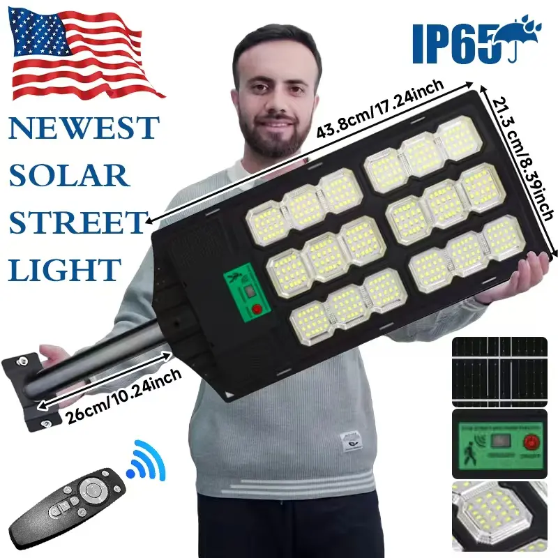 cvcpbu Newest Solar Street Light IP65 Waterproof Eco-Friendly Lighting with Motion Sensor & Remote Control 360 SMD LEDs Adjustable Angle Dusk to Dawn for Commercial Areas
