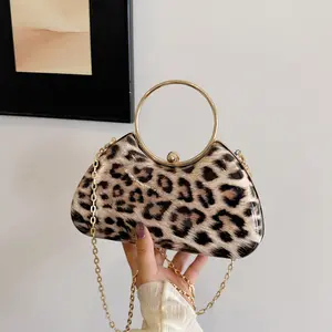 2026 Fall/Winter New Leopard Print Evening Bag for Women – PU Leather Handbag with Metal Ring Handle & Chain Strap, Stylish Party Clutch Purse