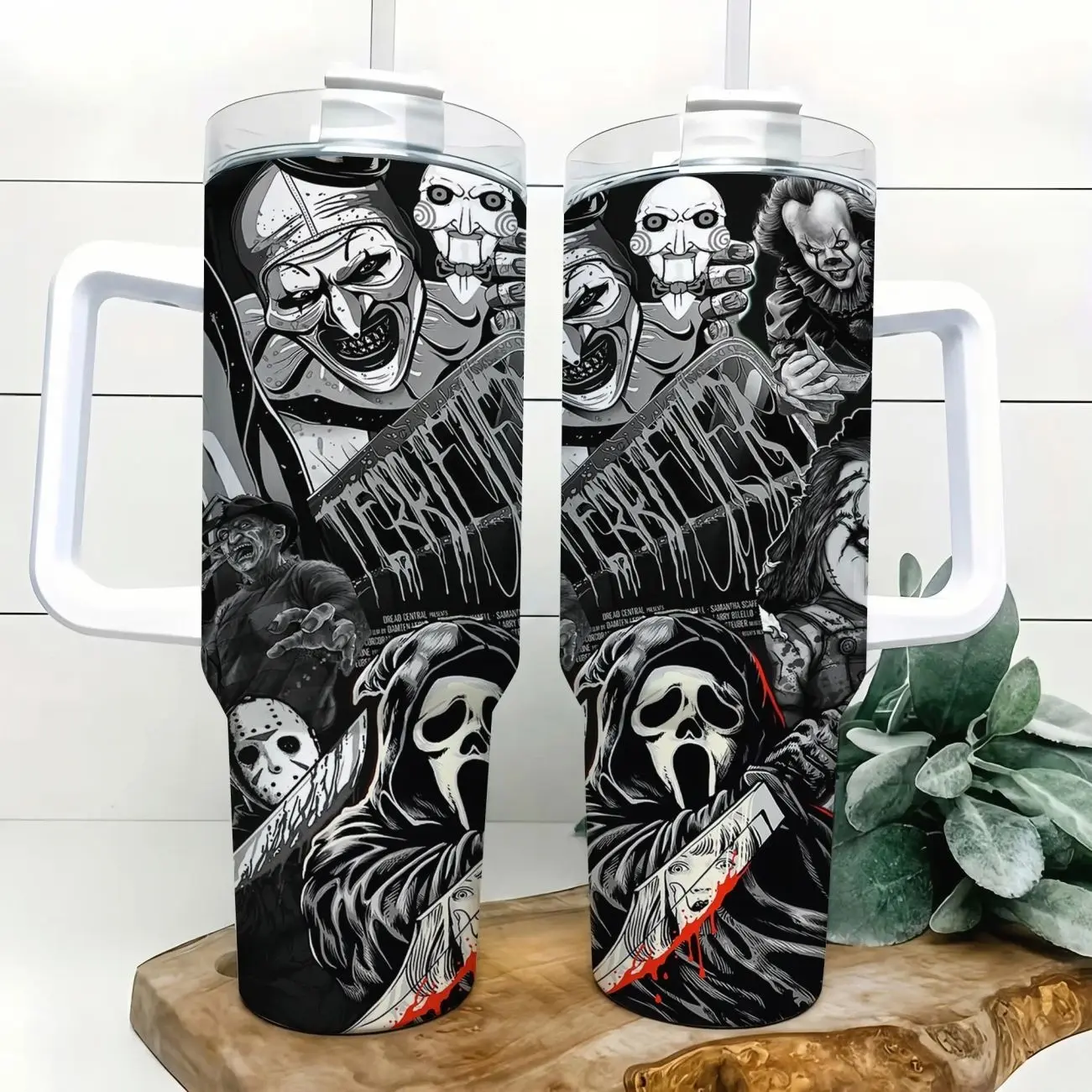 Black And White Horror Villain Collage 40oz Insulated Tumbler With Handle And Straw Lid, Gothic Scary Movie Style Stainless Steel Water Bottle, Halloween Travel Mug For Car Office Gym Commute Gift For Women Men