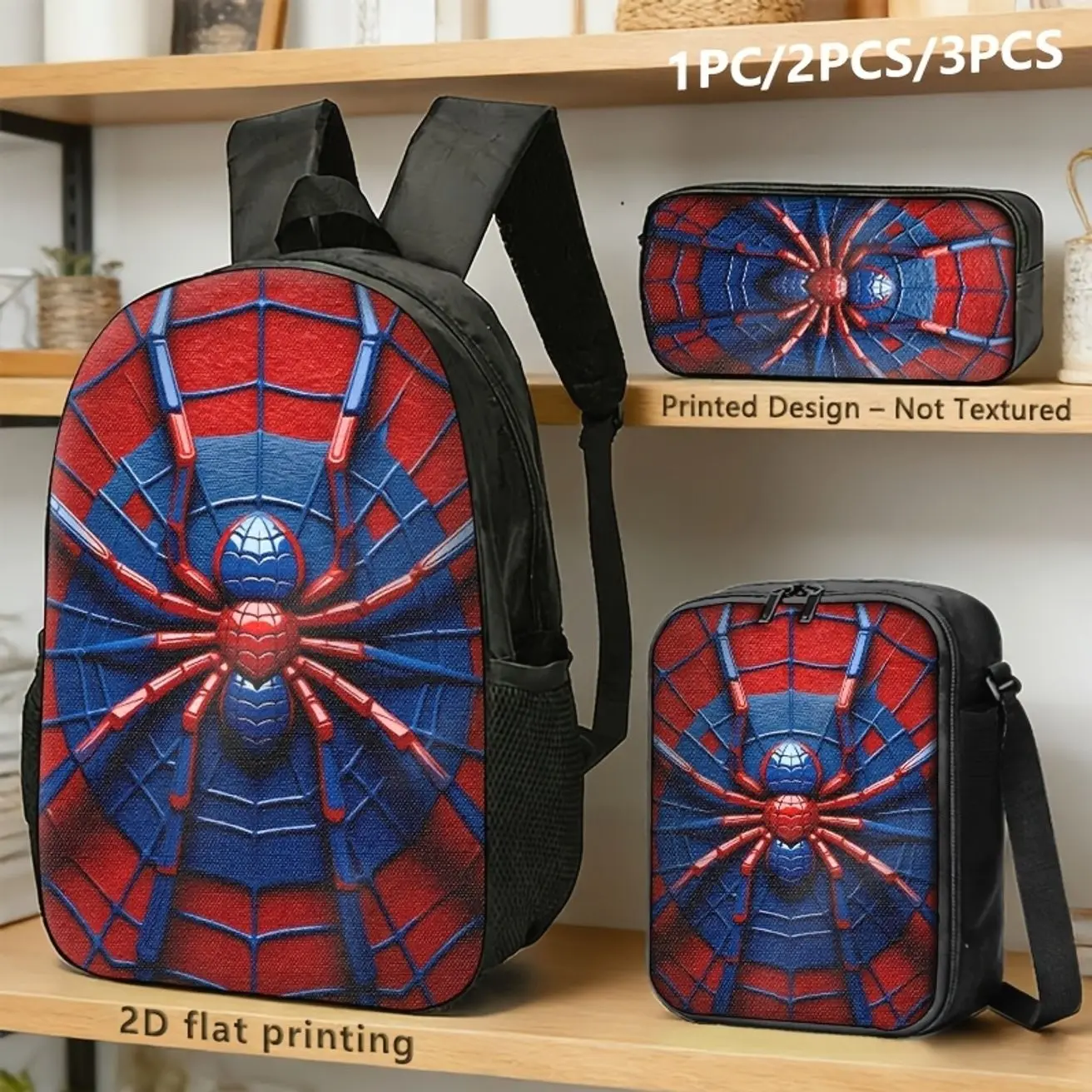 Red Blue Spider Backpack Set, 1/2/3 Piece Bag Set with Lunch Bag & Pencil Case