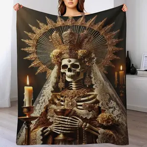 Gilded Santa Muerte Grim Reaper Virgin Flannel Blanket, Day of the Dead Art Print Pattern,Soft Cozy Lightweight Warm,Suitablefor Halloween Decor,Home Decor,Living Room,Bedroom,Sofa,Travel,Perfect Gift for Birthday,Anniversary,or Thanksgiving Day.