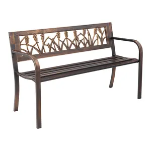 Outdoor Bench, 50 inch, Carbon Steel Metal Frame with PVC Floral Pattern Backrest and Round Armrests, Weatherproof Outside Bench for Patio, Garden, Park, Yard, Front Porch, Antique Bronze