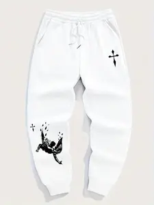 Men's Solid Color Drawstring Waist Sports Pants, Fitness Training Pant, Comfortable Fitted Design, Angel Print, Casual Fall & Winter Wear, Athleisure Style Pants
