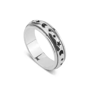 925 Sterling Silver / Stainless Steel Moon & Stars Spinning Fidget Ring