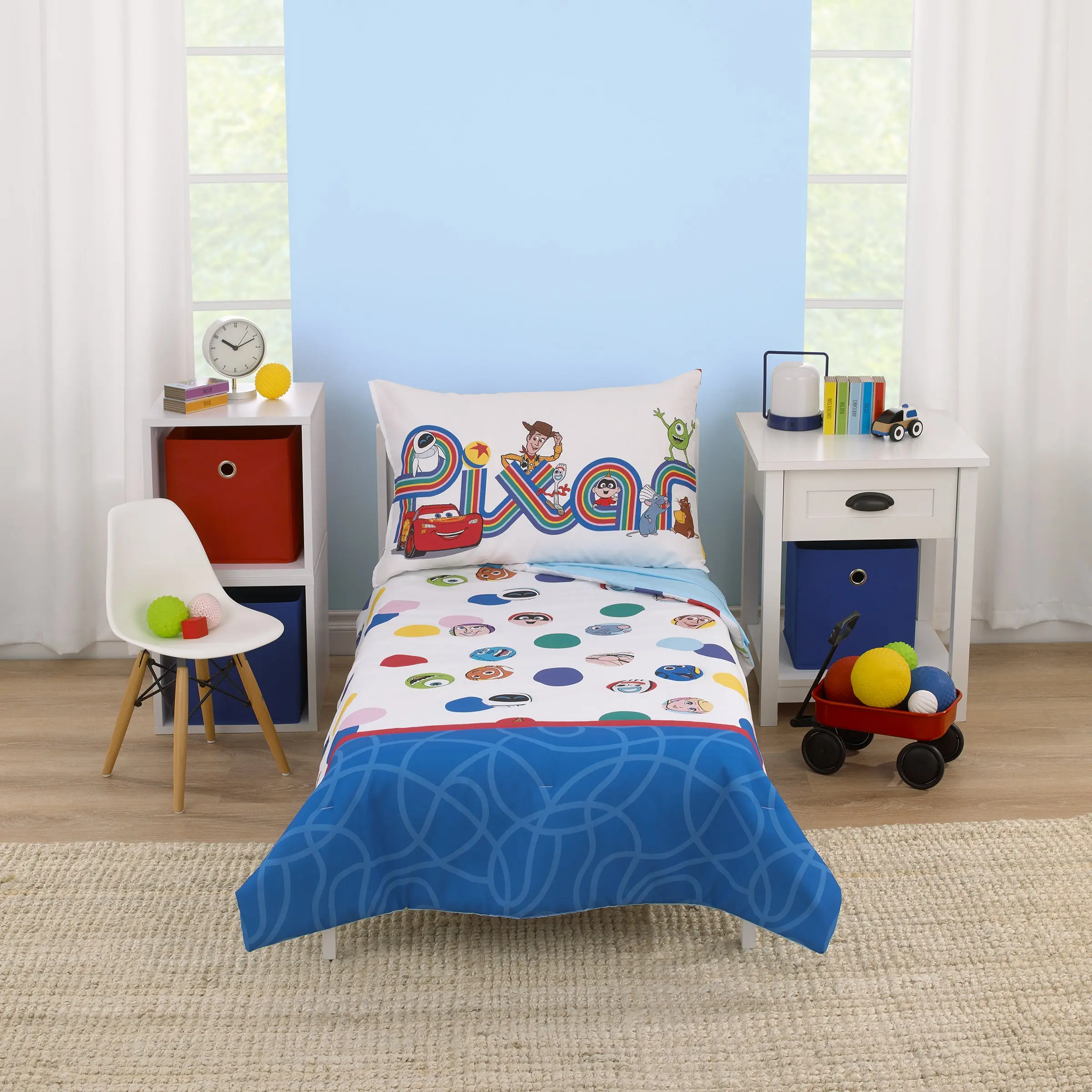 Choose Happy Pixar Friends Multi-Colored 4 Piece Toddler Bed Set - Comforter, Fitted Bottom Sheet, Flat Top Sheet, and Reversible Pillowcase