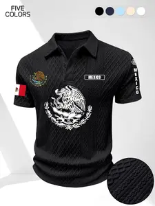 Men's Mexican Style Plaid Embroidered Print Polo Shirt, Short Sleeve, Fitted, Long Length, Casual Fashionable Summer Top, Comfortable for Sports and Daily Wear