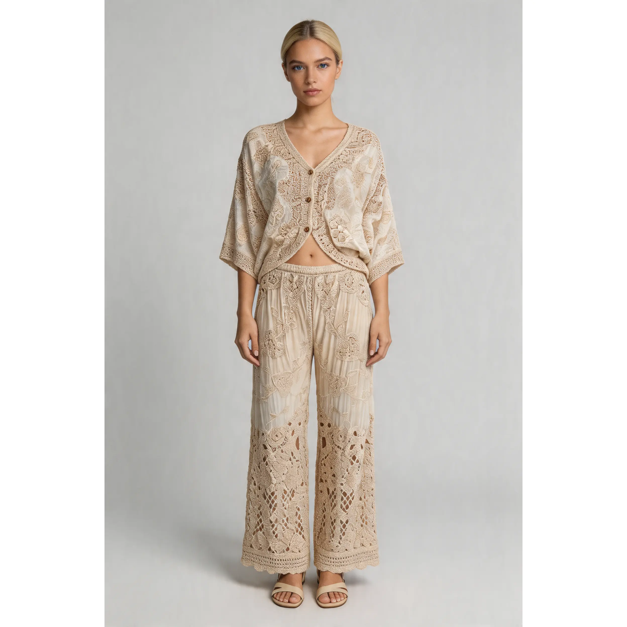 Bohemian Floral Crochet Trouser Set - Cream Cotton/Polyester Blend Fitted Long Sleeve Top & Wide-Leg Pants for All Seasons Womenswear SET3170 - Bodysuit