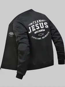 Men's Team Jesus Christian Jacket, Full Zip Church Jacket, Back Print, Stand Collar, Zipper Pockets, Casual Winter Outerwear