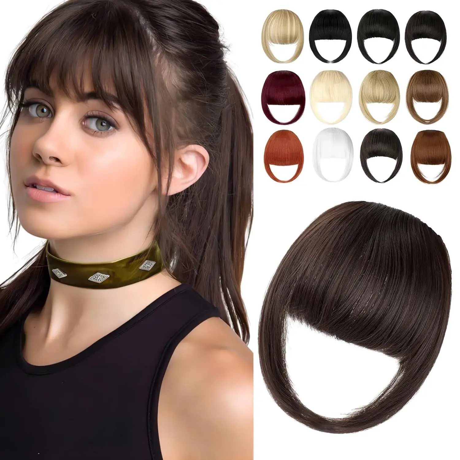 Clip in Bangs, Synthetic French Bangs Hair Clip, Fake Bangs Fringe with Temples Hairpieces for Women Natural Curved Hair Extensions for Daily Wear Medium Brown