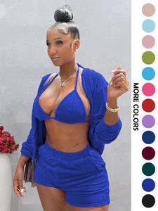 women's solid color zip up outerwear & crop halter top & shorts set, casual fashion three-piece set for daily outdoor wear, women clothes for spring & fall