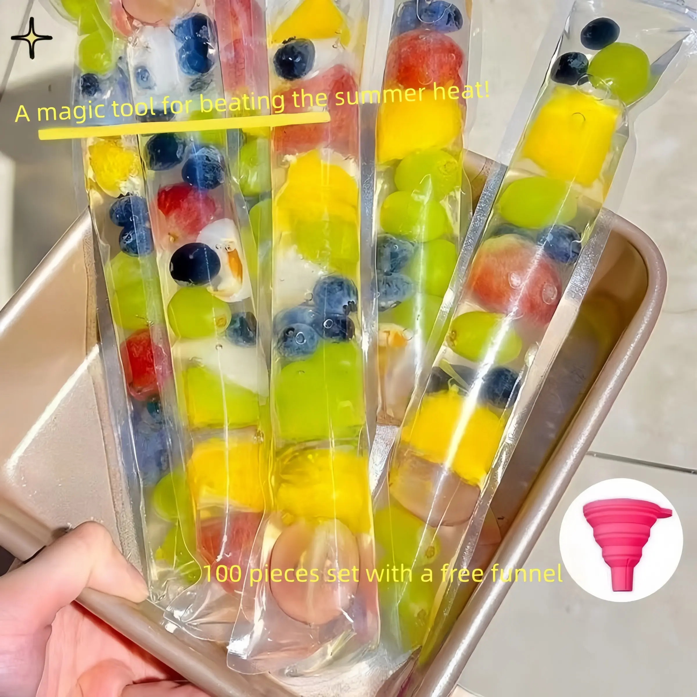 100PCS Disposable Ice Pop Freezer Tubes Self Sealing Popsicle Bags BPA Free Plastic Ice Candy Pouches With Free Funnel For Homemade Fruit Juice Yogurt Pops Summer Family Party DIY Frozen Treat Making Practical Kitchen Gadget Great Gift For Cold Snack Love