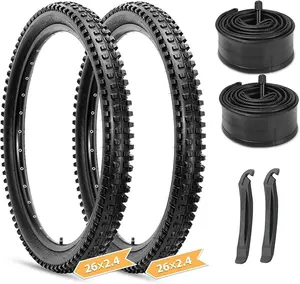 Hycline Mountain Bike Tires Set: 2-Pack 26/27.5/29x2.4 Inch Folding Replacement Bicycle Tires and Pair 26/27.5/29 Inch Inner Tubes Schrader Valve with Tire Levers for MTB Ebike Off-Road Bike