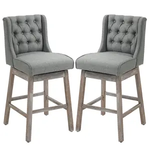 Thick foam filled breathable upholstered dual bar height stools with stable rubberwood legs and anti slip foot pads suitable for indoor counter side daily guest seating arrangement