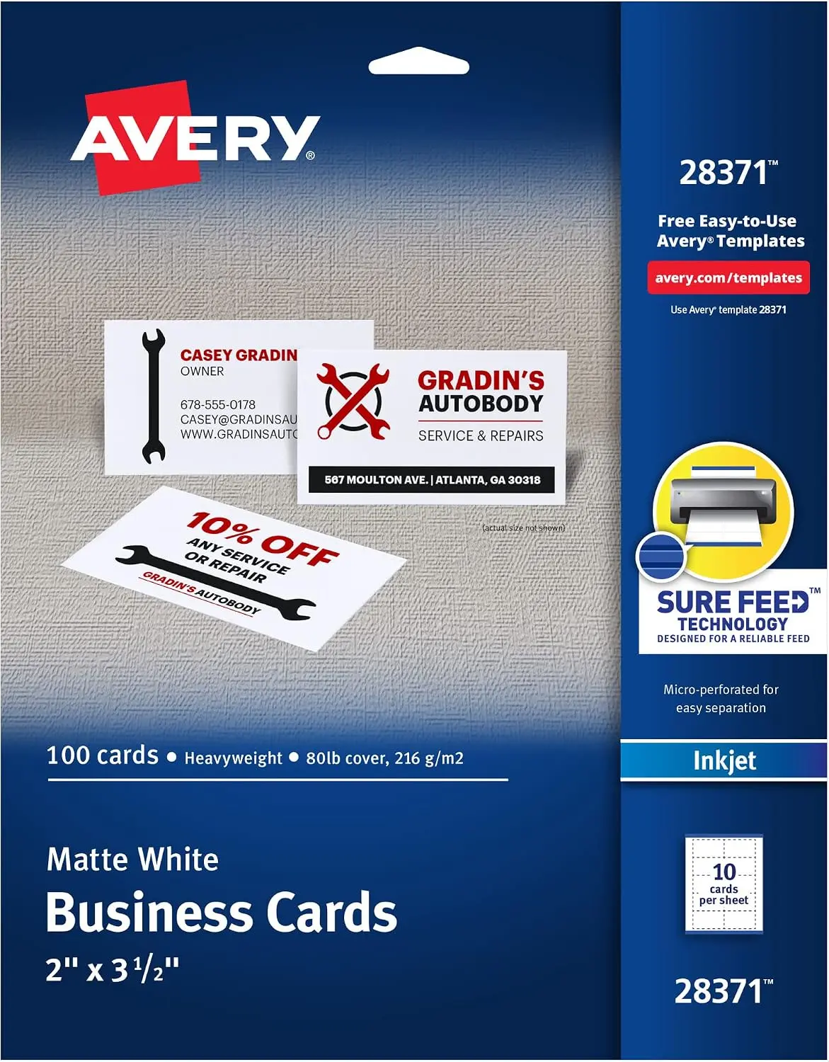 Avery Printable Business Cards with Sure Feed Technology, 2" x 3.5", White, 100 Blank Business Cards, Inkjet Printer Paper (28371)