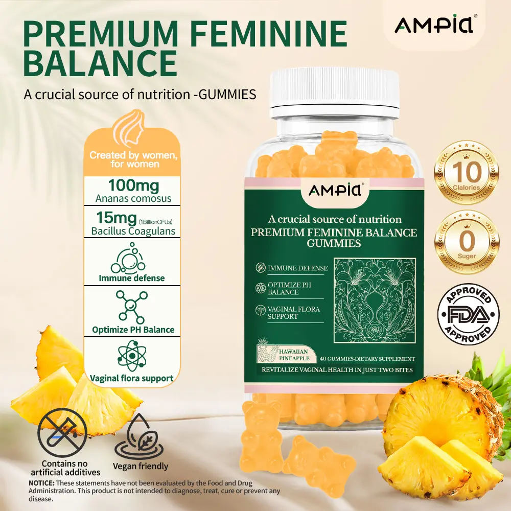 【Buy 1 Get 1 Free】AMPIA Premium Feminine Balance Probiotic Prebiotic Gummies, Vegan Women’s Daily Wellness Dietary Supplement, 2-Pack (80 Total), Hawaiian Pineapple Flavor
