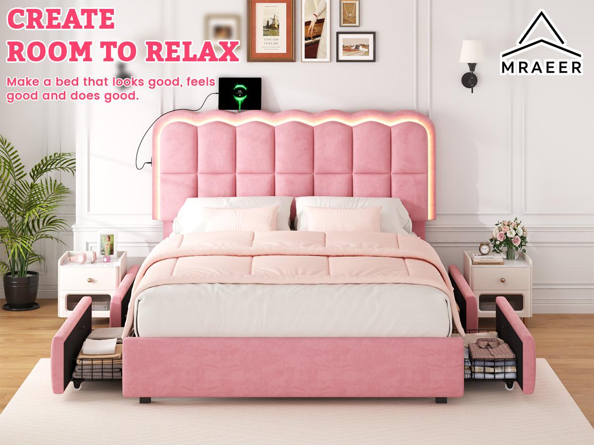 Mraeer Modern Bed Frame with 4 Big Storage Drawers for Queen/Full/Twin Size, Luxury Upholstered Platform LED Bed Frame with Built-in Charging Station & Shelf on Headboard - Contemporary Furniture, Dorms, Attic, Guestroom, 1000LBS Capacity