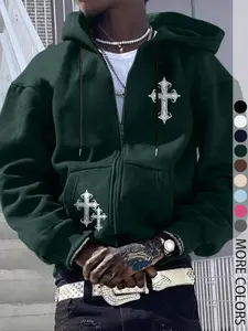 Men's Hooded Sweatshirt with Cross Print, Fashion Streetwear, Fitted Woven Fabric, Fall & Winter Casual Wear, Hip Hop Style, Graphic Hoodie
