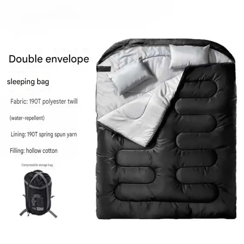 Double Sleeping Bag with 2 Pillows for Adults Camping, XL Queen Size 2 Person Sleeping Bag for Warm & Cold Weather, Waterproof Envelope Sleeping Bag for Outdoor Hiking Backpacking Travel