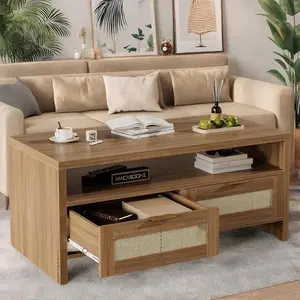 2 Tiers Boho Coffee Table with Storage 40” Mid Century Rattan Console Table with Drawers and Open Shelf Wooden Center Coffee Table for Living Room/Apartment/Farmhouse/Bedroom/Small Place