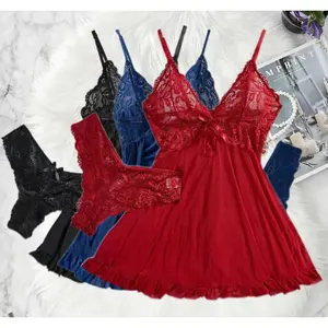 3PCS Sexy Sleepwear For Sleeping Night Dress Women Lingеrie Sets Deep V Slip Nightgowns And Panties Lace Ruffle Trim Underwear Pajama,Ladies' sexy lace patchwork front slit camisole dress set,Sling sexy home clothes