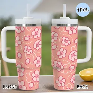 PIKPAKA Cartoon Sakura Flower Pattern Vacuum Flasks 40oz Stainless Steel Insulated Tumbler with Handle & Straw, Leakproof Travel Mug, 12H Cold Retention, Christmas & Holiday Gift Idea for Friends, Family & Coworkers