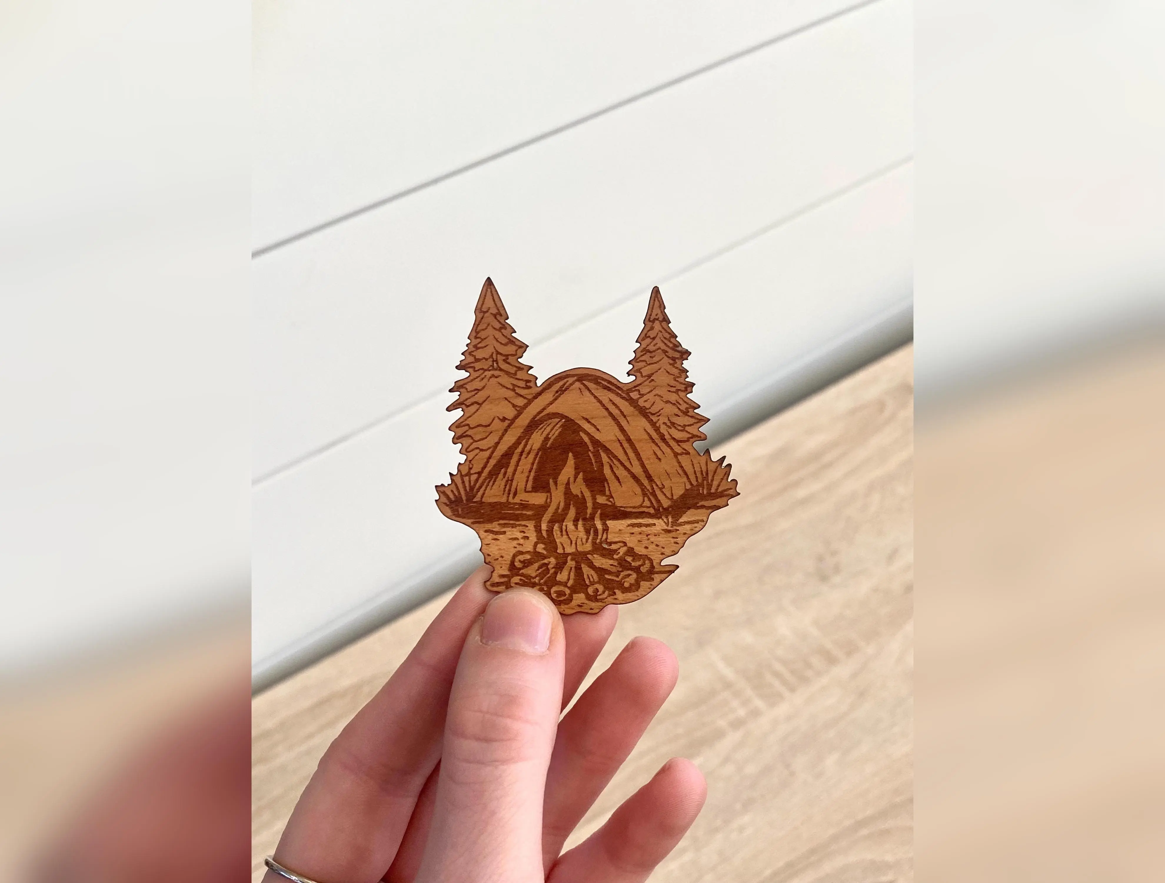 Wood Veneer Camping Sticker: Waterproof Decal for Laptop, Water Bottle