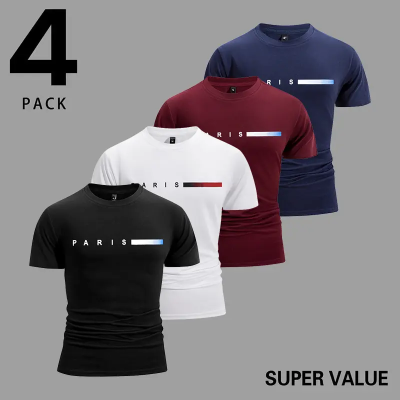 4-pack summer men’s short-sleeve T-shirts, Father’s Day top picks, featuring “PARIS” lettering at the chest with striped print design, crew neck slim fit, comfortable, breathable, versatile—ideal for sports/fitness everyday wear and a top choice for holid