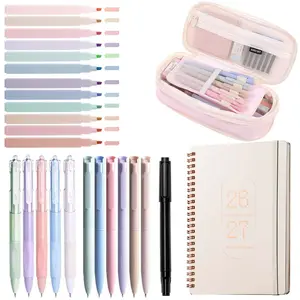 Aesthetic School Supplies with 2026-2027 Planner, Cute Pencil Case, 6 Multicolor Pen, 12 Pastel Highlighters, 5 Gel Pens Black Ink, College Back to School Supplies for Christmas