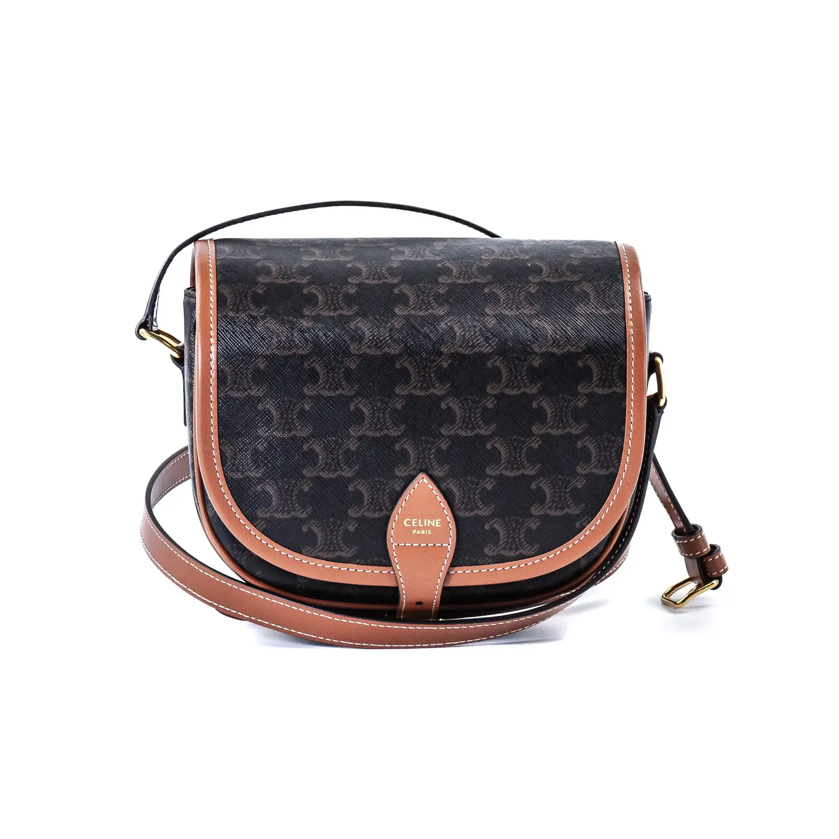 Pre-owned Celine Triomphe canvas and calfskin leather Crossbody Bags Folco Medium Triomphe Bag – Timeless Elegance in Tan | Pristine Condition