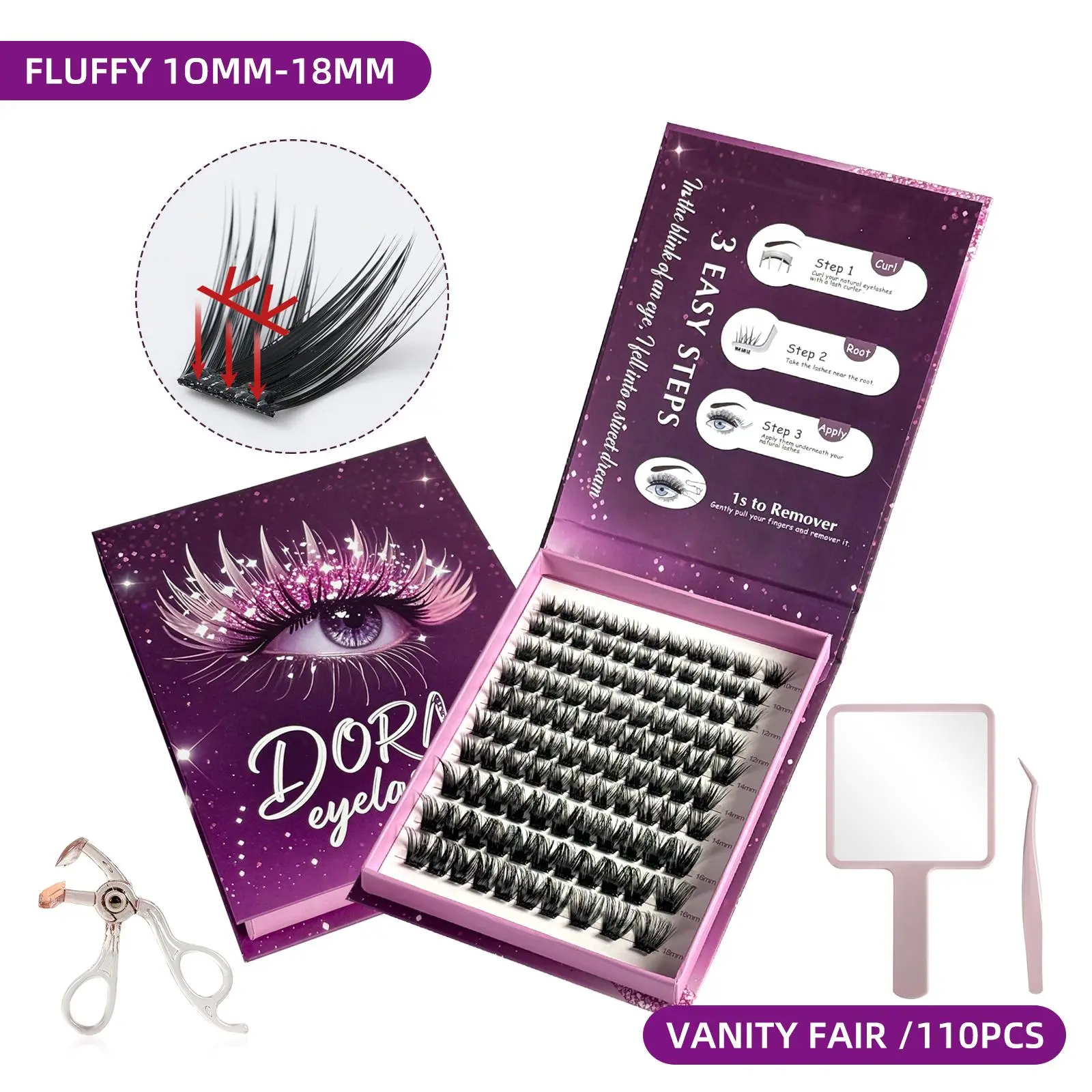 [LIVE ONE BOX ]DORMI 3 Styles Optional Self-Adhesive Cluster Lashes Pre-Glued Waterproof Natural / Spiky / Fluffy Press On Lashes, Vanity Fair 10-18mm, Camellia 10-18mm, Aurora 8-14mm, Quick Apply Comfortable All Day Wear for Daily & Party Makeup