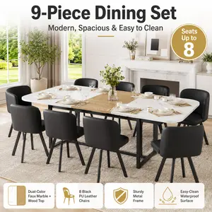 Super Modern 9 Piece Dining Table Set for 8 People White Faux Marble Square Kitchen Table with Black PU Leather Chairs Wood Grain Furniture for Dining Room Family Gatherings Aesthetic Home Makeover Hosting Essentials