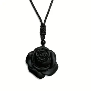 Fashion Natural Obsidian Rose Pendant Necklace - Non-Coated Floral and Plant Pattern Carved Stone Jewelry
