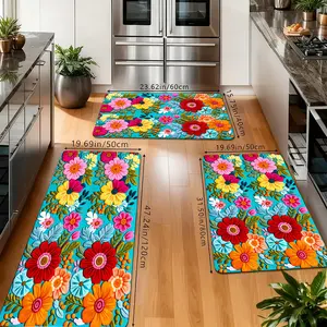 Mexican Floral Kitchen Rugs Set, Non-Slip Washable Floor Mats, Turquoise Background Colorful Embroidery Flower Print Runner Carpets for Kitchen, Bathroom & Boho Home Decor