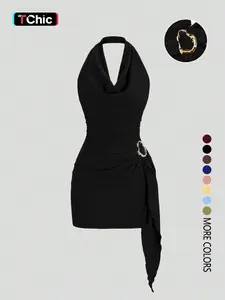 Women's Fashion Solid Color Halter Dress, Casual Office Wear, Elegant Backless Design, Perfect for Daily Use, Stylish and Comfortable