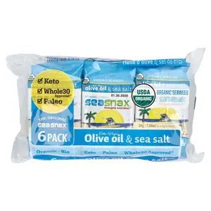 SeaSnax Organic Seaweed, Extra Virgin Olive Oil & Sea Salt, 6 Pack, 0.18 oz (5 g) Each