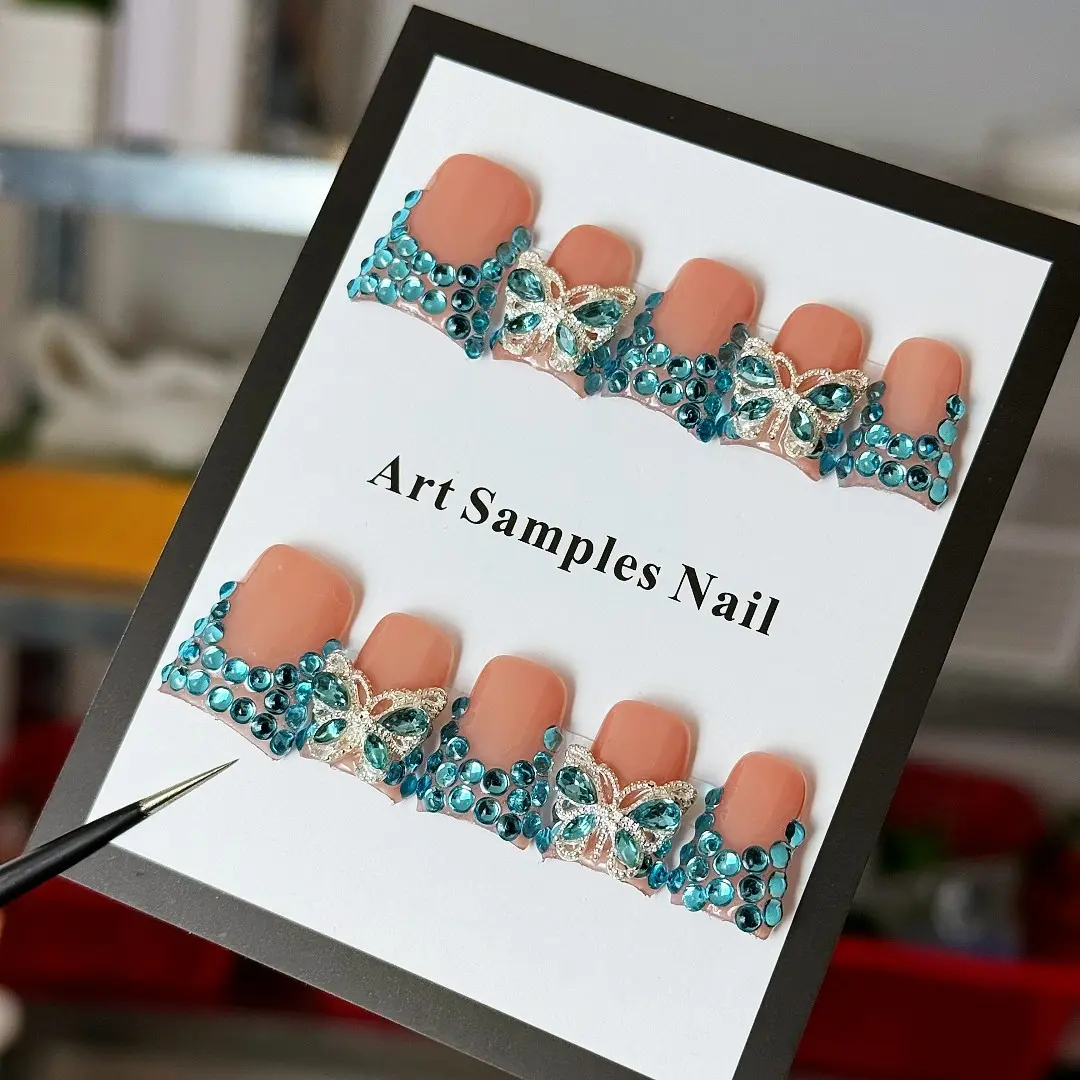 10pcs high-end Heavyweight luxurious version, hand-painted three-dimensional butterfly, dazzling blue diamonds handmade Press On fake nails, Nail stickers suitable for attending important banquets, business seminars, birthday parties and festival events