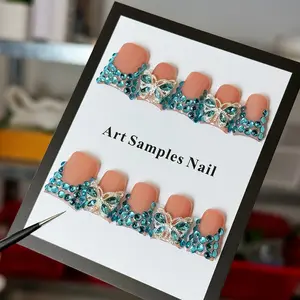 10pcs high-end Heavyweight luxurious version, hand-painted three-dimensional butterfly, dazzling blue diamonds handmade Press On fake nails, Nail stickers suitable for attending important banquets, business seminars, birthday parties and festival events