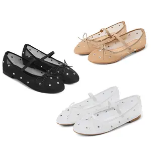VIMISAOI Womens Mesh Ballet Flats Round Toe Summer Sandals Rhinestone Flats with Strap Mary Jane Shoes For Women Trendy Shoes