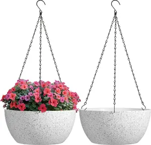 Plastic Hanging Baskets 2-Pack - 12 Inch Large Hanging Flower Planter with Drainage Hole for Indoor Outdoor Plants, Round Plant Pot for Home Garden Porch Balcony Patio Decor (White)