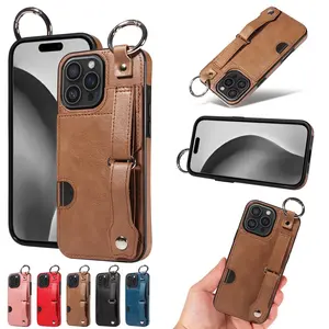PU Leather Wrist Strap Card Slot Phone Case, Shockproof Phone Protective Cover, Phone Accessories Compatible with iPhone 16 Pro Max 15 14 Plus 13 12, Casing, Cellphone Accessories