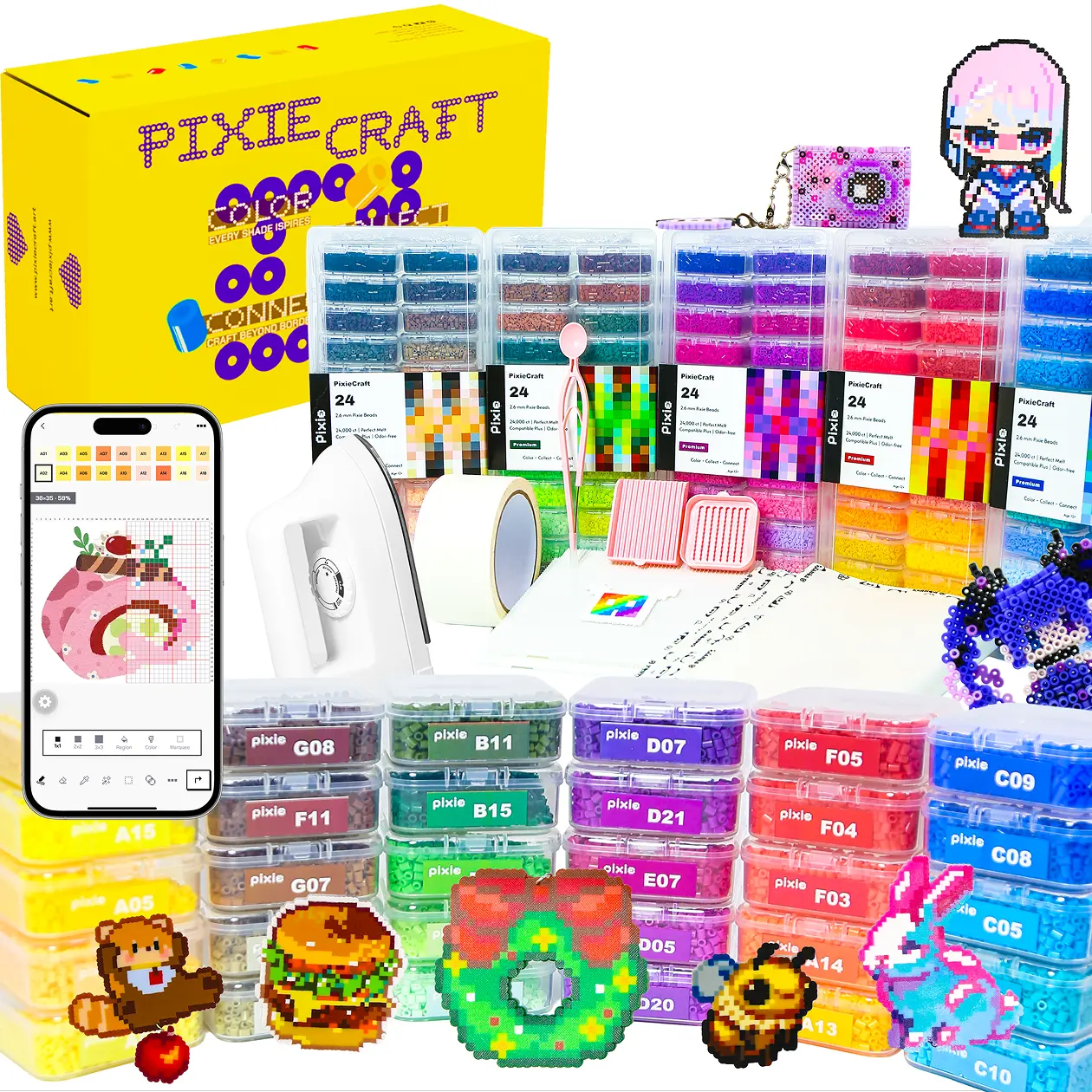 PixieBeads Ultimate Visionary Mega DIY Beads Set - 120,000 2.6mm Fuse Pieces, 120 Colors, 131-Piece Kit with Storage, Pegboards, Iron, Tweezers, Trays, Pen, Mats, Fuse Beads Kit