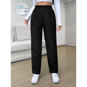 Women High Waist Black Pleated Straight Leg Loose Casual Pants Fabric Fit Womenswear Bottom