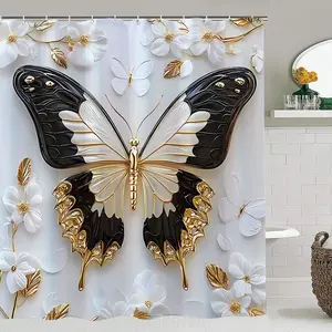 Platinum Butterfly Bathroom Decor Set, Includes Shower Curtain, Toilet Lid Cover, Mat, U-Shaped Pad, Holiday Gift for Friends and Family, Shower Curtain Sets