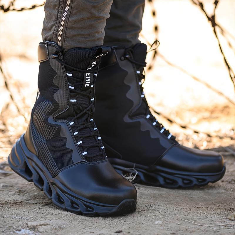 1 Pair of Men'S Tactical Combat Boots, Steel Toe Work Shoes, Anti-Puncture Safety Shoes, Windproof Abrasion-Resistant, High-Top Lace-Up, Fabric Upper, Faux Sole, Universal Fit