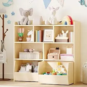 Gaomon Wood-Colored Multifunctional Toy Storage Organizer - Special Drawer Unit with Movable Drawers, 5 Open Cubbies, Hidden Wheels, Kids Bookshelf & Floor Storage Chest for Playroom