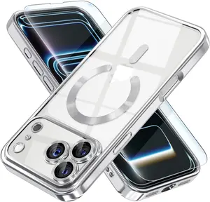 Magnetic for iPhone 17 Pro Max Case Compatible with MagSafe [Never Yellowing] [Military Grade Drop Protection] Full Camera Lens Protector Plating Soft Clear Phone Case for Women, Silver