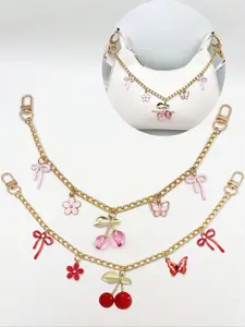 13'' Pink Flower Bowknot Cherry Bag Chain Charm Butterfly Floral Bow Cherry Purse Charm Chain Pocket Bag Chain/Bag Charm Cherry Bag Purse Charms Keychain Cherries Charms Handbag Bag Accessories Purse Bag Chain Strap Replacement Extender Bag Chain Trinkets