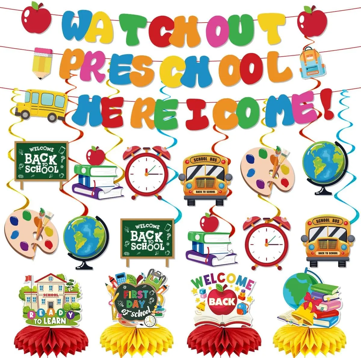 Back to School Decorative Kit - High-Quality Card Single Set with Punchout Paper Hanging Ornaments, Watch Out Preschool Banner, Swirly Shapes, Honeycomb Centerpieces, Backdrop, Photo Props, School Icons, Easy Assembly First-Day Party Supplies