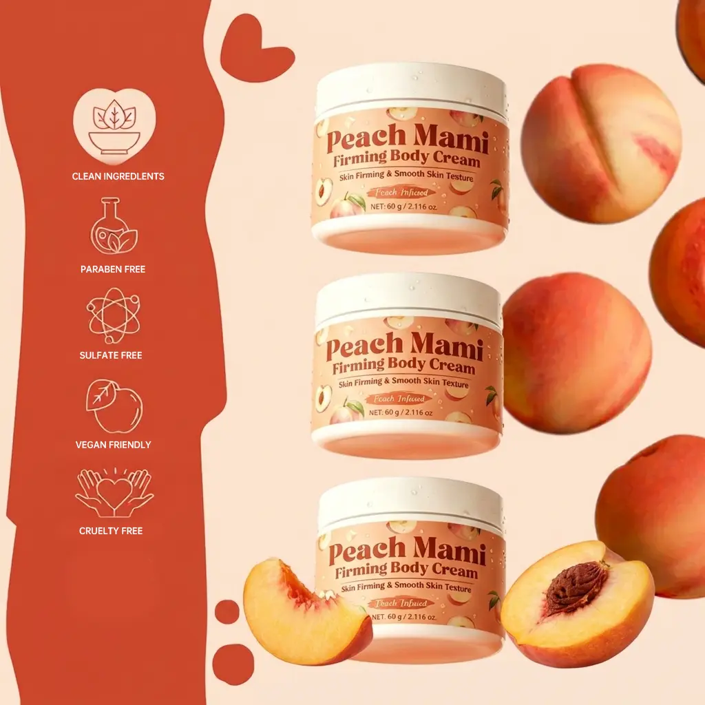 Peach Mami Firming Body Cream—firms sagging skin, deeply hydrates and moisturizes, and fades stretch marks. Formulated with caffeine, hyaluronic acid, and botanical oils; suitable for daily care, postpartum care, and body hydration.